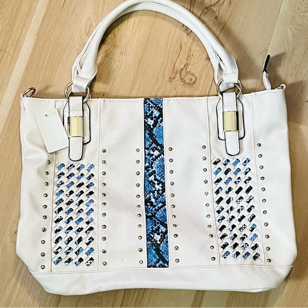NWT White and Blue Women's Handbag Snakeskin Design and Stud Accents